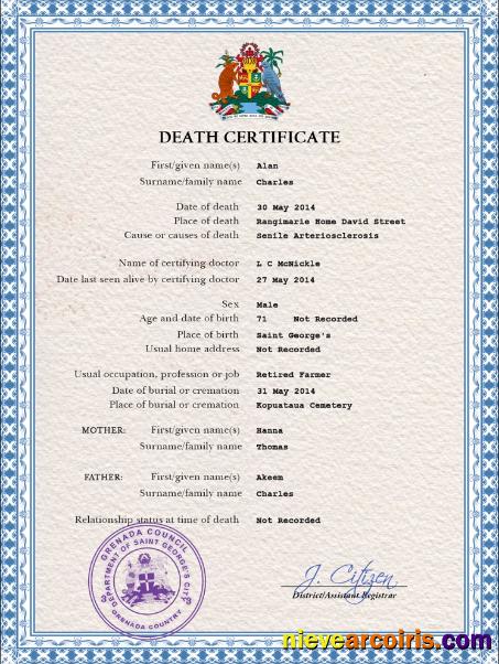 Grenada death certificate